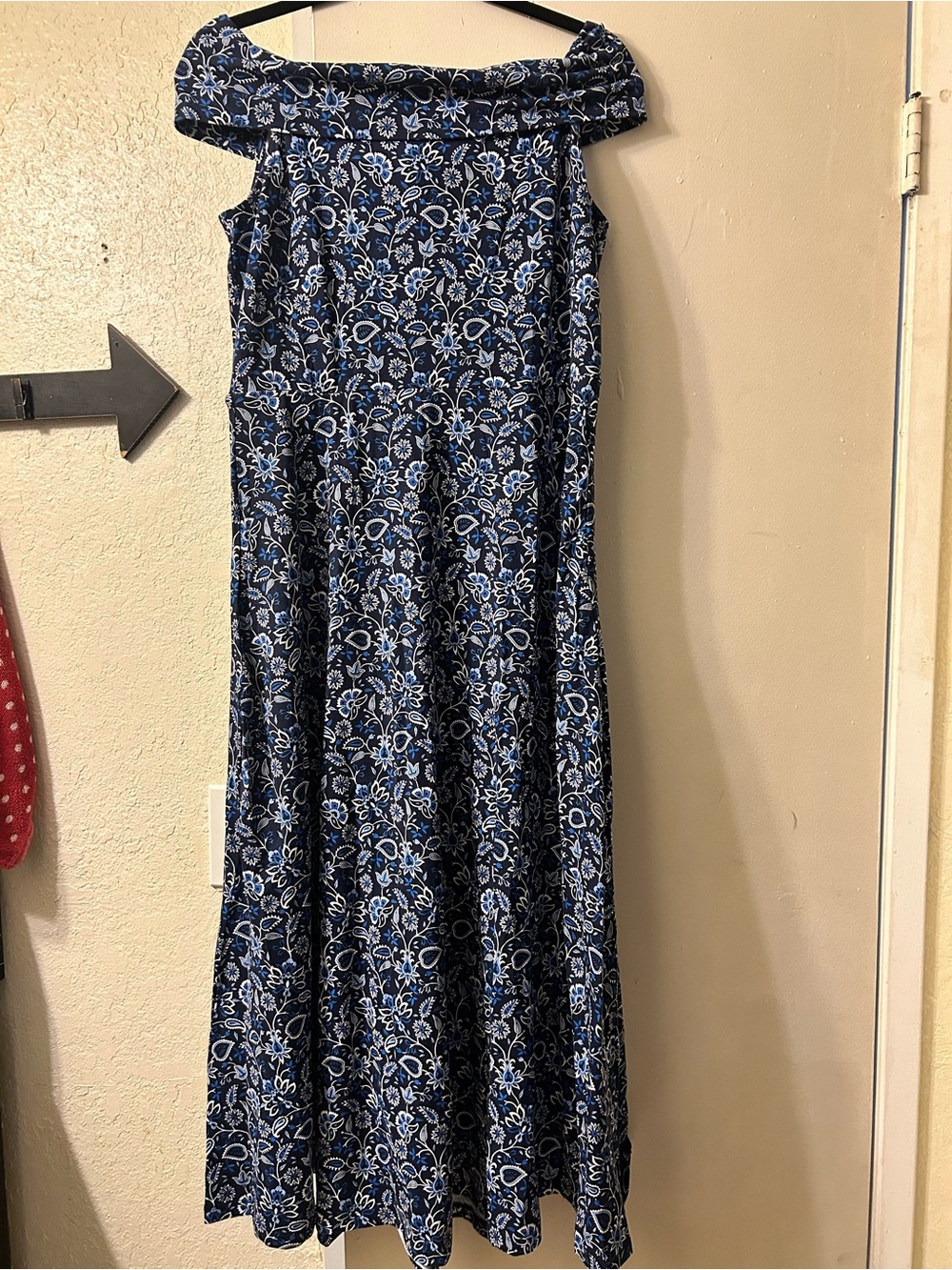 LOFT Navy Blue Floral Off-Shoulder Midi Dress